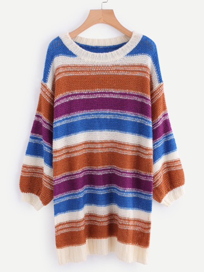 Multi Stripe Drop Shoulder Lantern Sleeve Sweater Dress