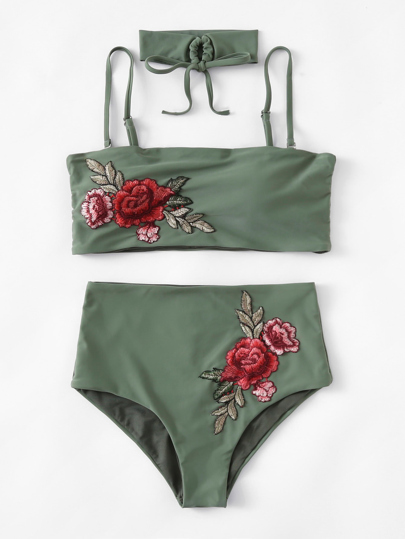 Embroidered Rose High Waist Bikini Set With Choker