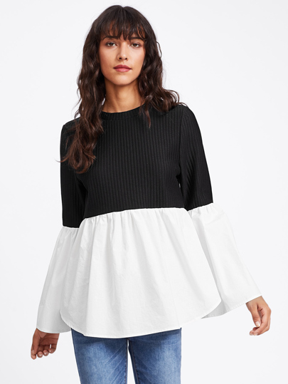 Fluted Sleeve Two Tone Mixed Media Ribbed Top