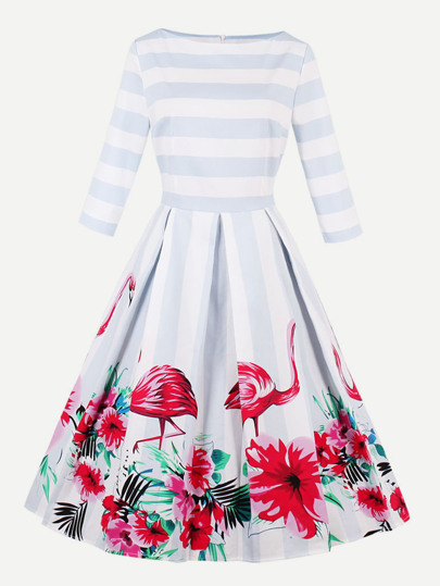 Contrast Stripe Flamingo Print Swing Dress