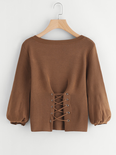 Lantern Sleeve Eyelet Lace Up Sweater