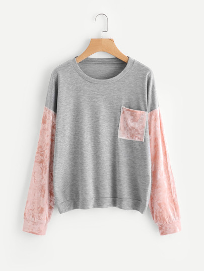 Pullover marled de manga de terciopelo aplastado en contraste