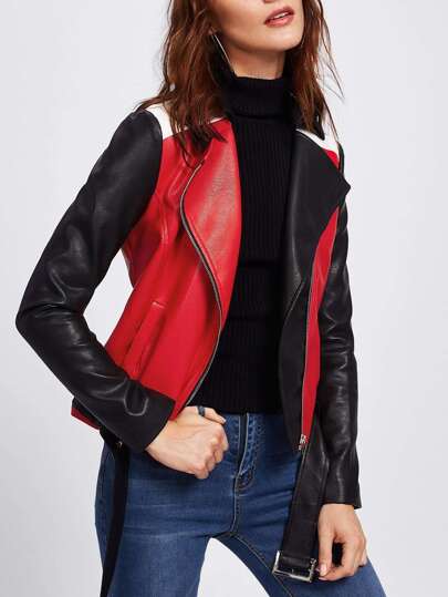 Cut And Sew Belted Hem Biker Jacket
