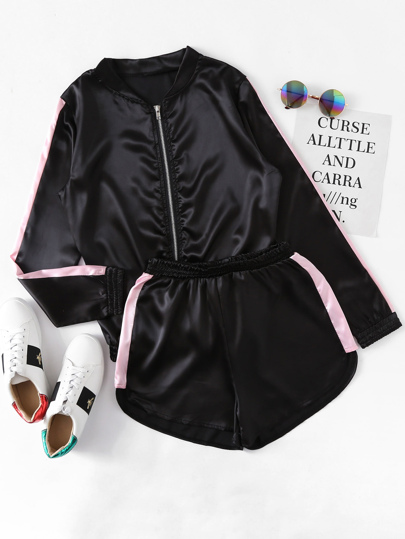 Satin Contrast Panel Side Jacket With Shorts