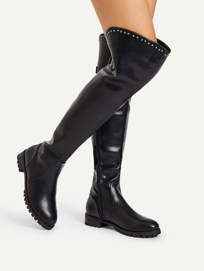 Studded Detail Over The Knee PU Boots
