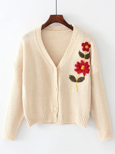 Contrast Crochet Flower Button Up Cardigan