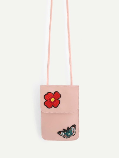 Flower & Butterfly Appliques PU Pouch Bag