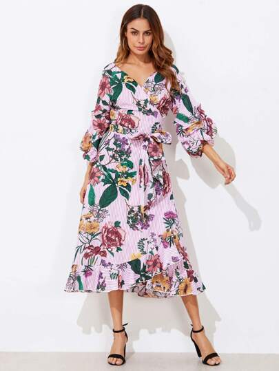 Mixed Print Gathered Sleeve Surplice Wrap Dress