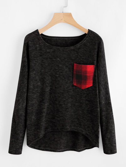 Contrast Pocket Dip Hem Slub Sweater