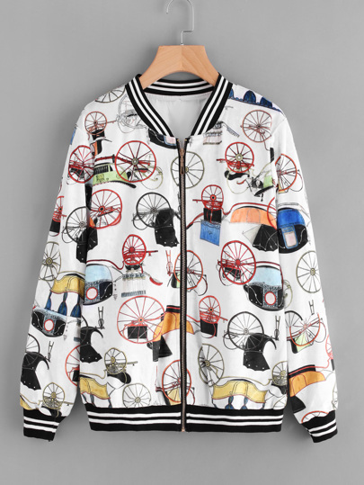 Striped Trim Allover Print Velvet Bomber Jacket