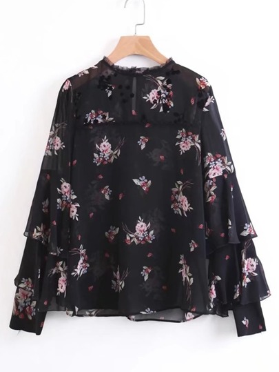 Blusa de gasa a capas de cuello fruncido con estampado de calicó