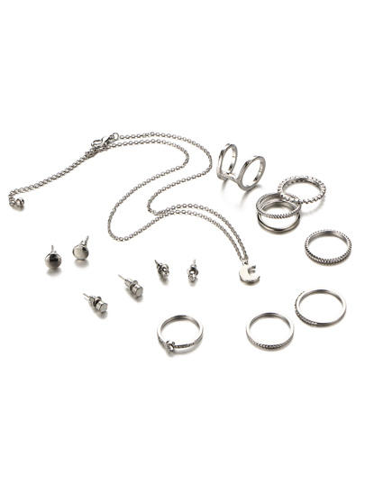 Moon Pendant Chain Necklace & Rings & Earrings Set