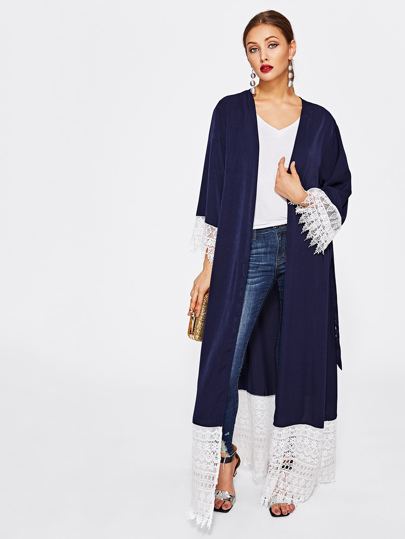 Contrast Lace Trim Self Tie Abaya