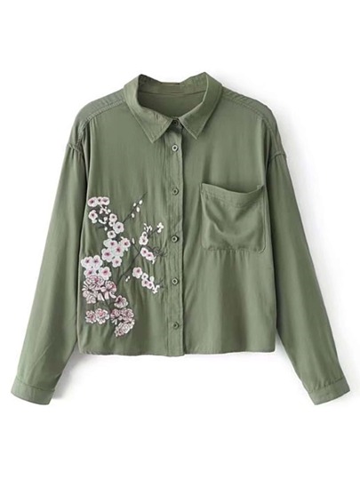 Flower Embroidery Front Pocket Blouse