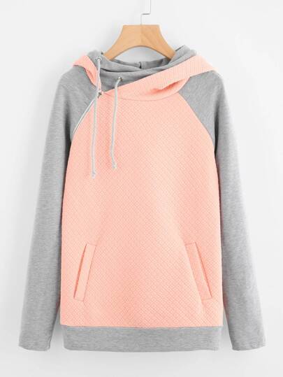 Two Tone Zip Detail Textured Hoodie
