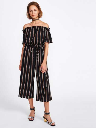 Drawstring Waist Bardot Striped Jumpsuit