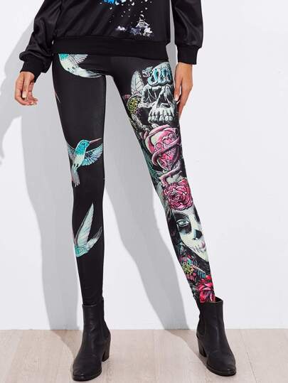 Leggings imprimé de crâne abstrait de la Toussaint
