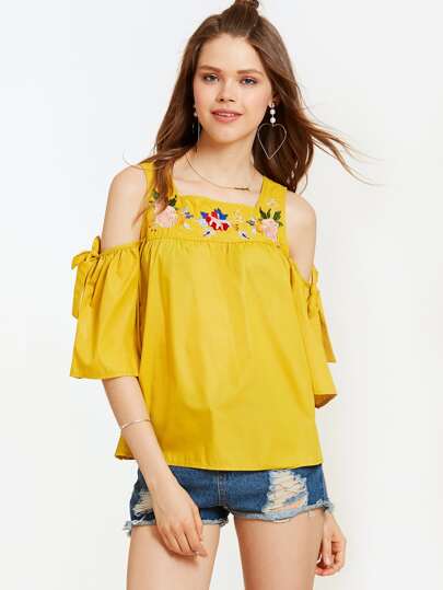 Open Shoulder Bow Tie Detail Embroidery Top
