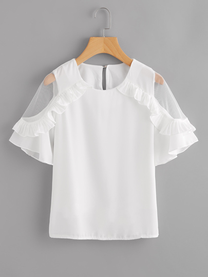 Sheer Insert Frill Trim Blouse