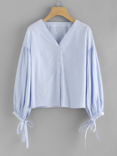 Blouse manche de bulle à rayures avec lacets