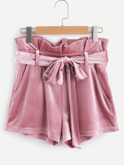 Self Belted Frilled Waist Velvet Shorts