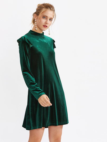 Mock Neck Frill Detail Velvet Dress