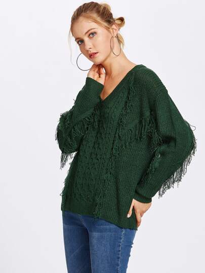 Pull avec V col avec garniture de frange