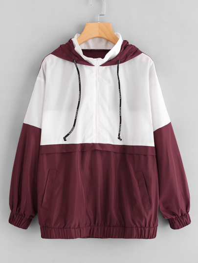 Two Tone Half Placket Hooded Windbreaker Jacket