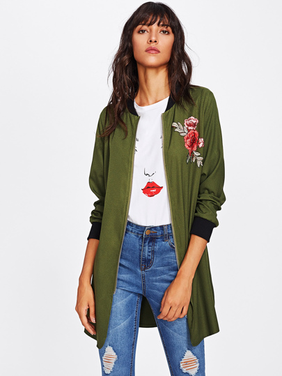Embroidery Patch Slit Longline Bomber Jacket