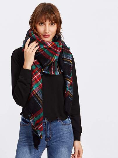 Plaid Print Frayed Trim Scarf