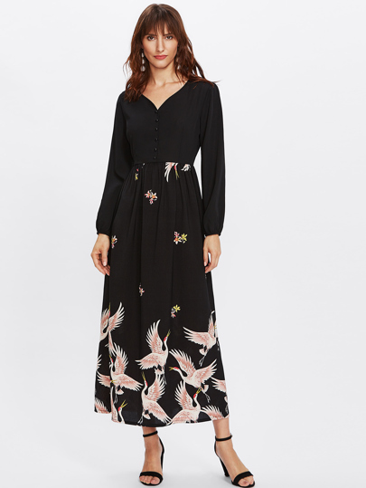 Crane Bird Print Half Placket Dress