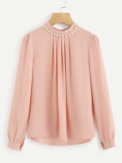 Pearl Beading Puff Sleeve Chiffon Blouse