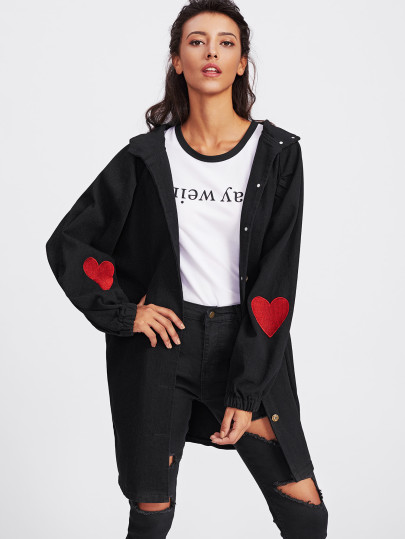 Heart Embroidered Slit Side Hooded Coat