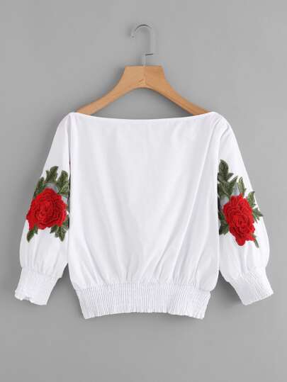 3D Rose Applique Shirred Cuff And Hem Top