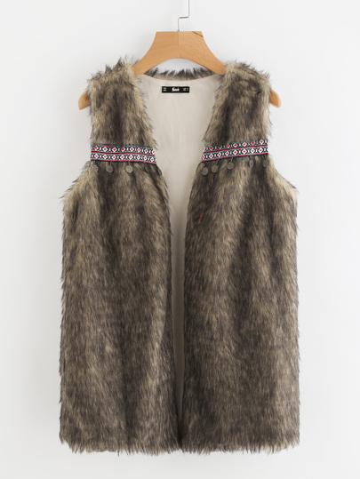 Coin Fringe And Embroidery Tape Detail Faux Fur Vest