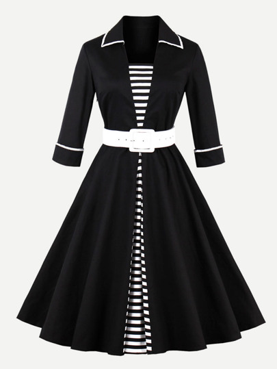 Contrast Trim Striped Panel Circle Dress
