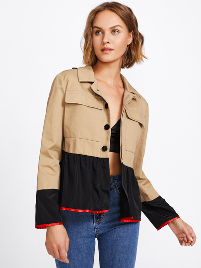 Contrast Cuff And Hem Hidden Placket Jacket
