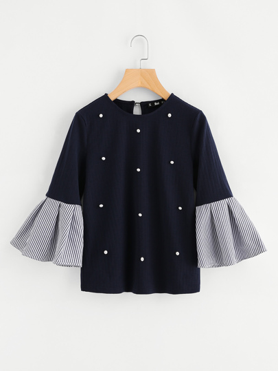 Striped Bell Sleeve Pearl Beading Keyhole Back Top