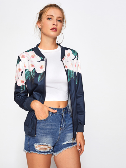 Blouson découpé côtelé imprimé fleuri