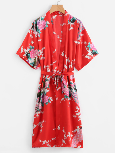 Peacock Print Satin Kimono Robe With Belt