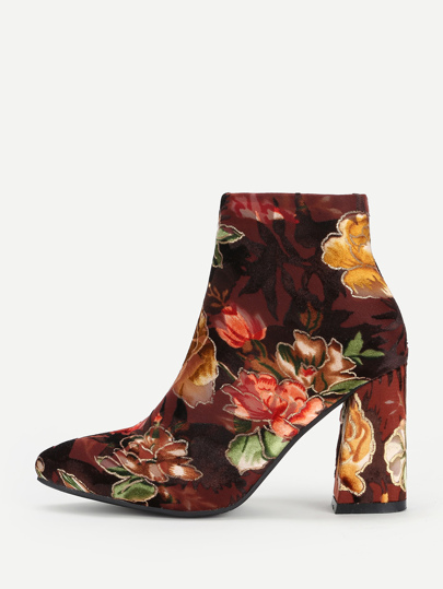 Stiefeletten mit Blumenmuster und Block Heeled