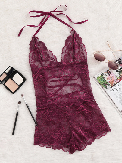 Tie Up Back Halter Neck Lace Sleep Romper