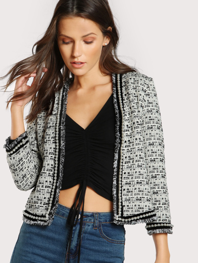 Pearl Beaded Frayed Edge Tweed Blazer