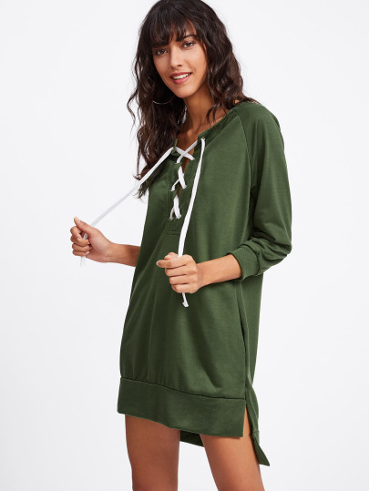 Sweat-shirt robe raglan fendu à lacets avec trou