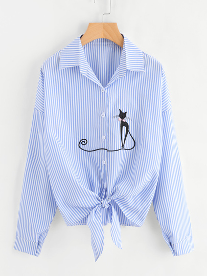 Drop Shoulder Cat Embroidered Knotted Hem Shirt