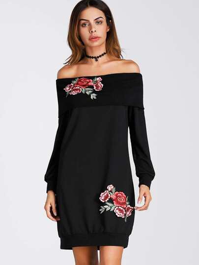 Foldover Neckline Flower Applique Sweatshirt Dress