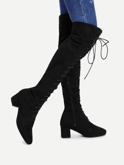 Lace Up Front Side Zipper Thigh High Boots