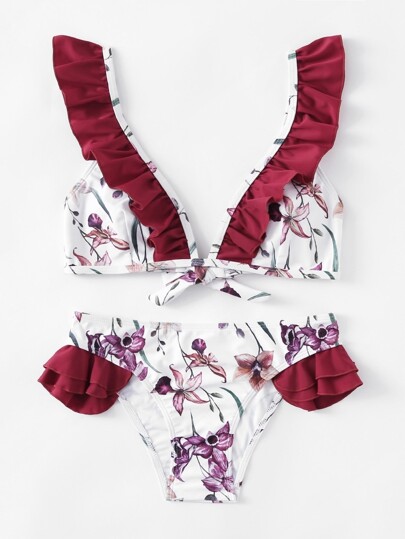 Conjunto de biquini estampado con volantes