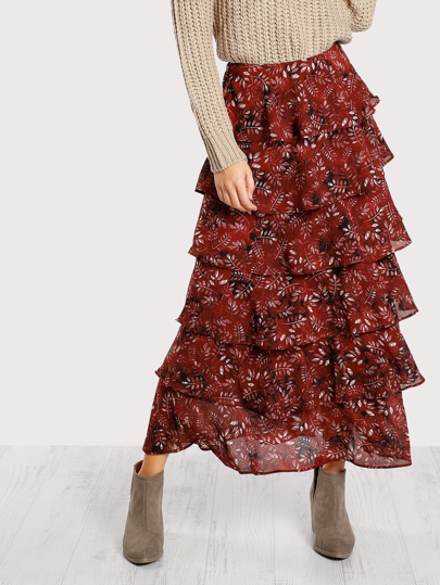 Leaf Print Tiered Skirt