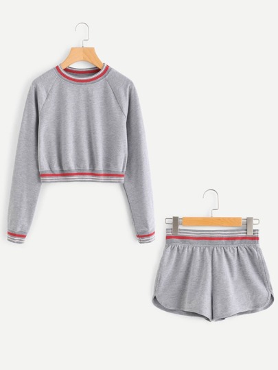Striped Trim Pullover & Shorts Loungewear Set
